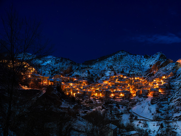 Mountain village by night